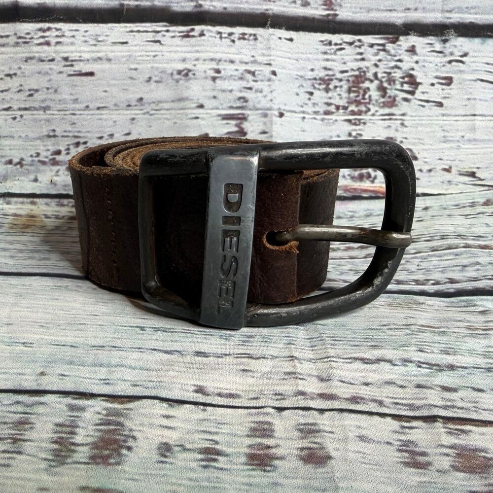 Diesel 100cm Men's Brown Full Grain Cow Leather Belt Black Logo Buckle Size 40